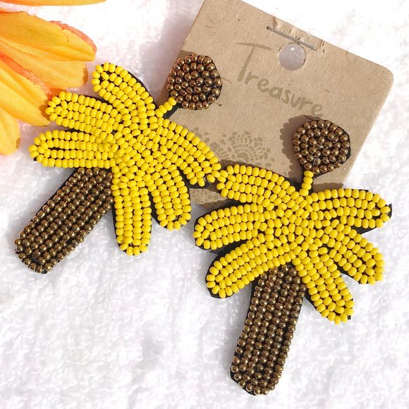 Boho Seed Bead Yellow Palm Tree Post Drop Earrings - Picture 1 of 4